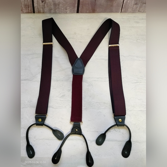 Men's Burgundy and Black Striped Suspenders Formal Business Classic - Picture 4 of 5